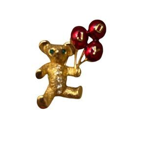 Avante Vintage‎ Signed JOY Bear Tree Pin Brooch Rhinestones Gold Tone